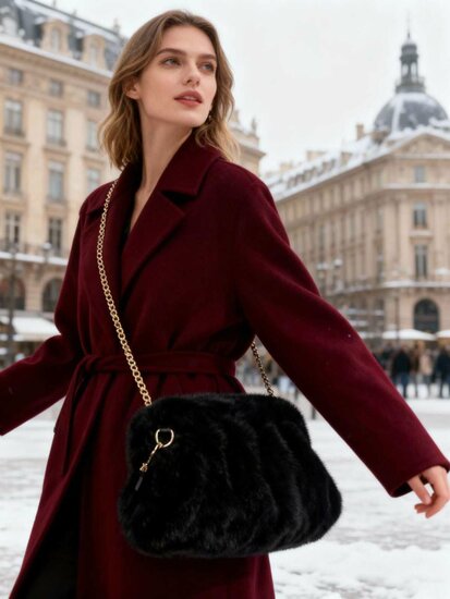 Élégant sac à bandoulière noir en fausse fourrure