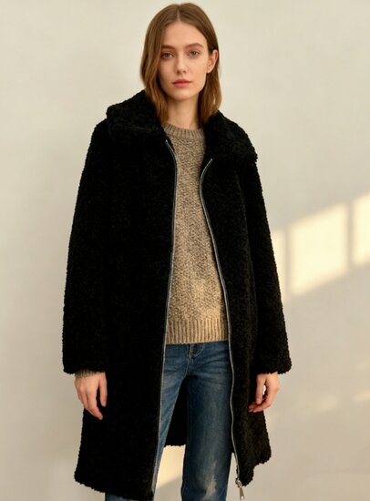 Trendy lange zwarte midi teddy jas