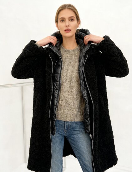 Trendy lange zwarte midi teddy jas