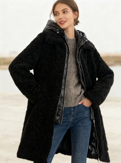 Trendy lange zwarte midi teddy jas