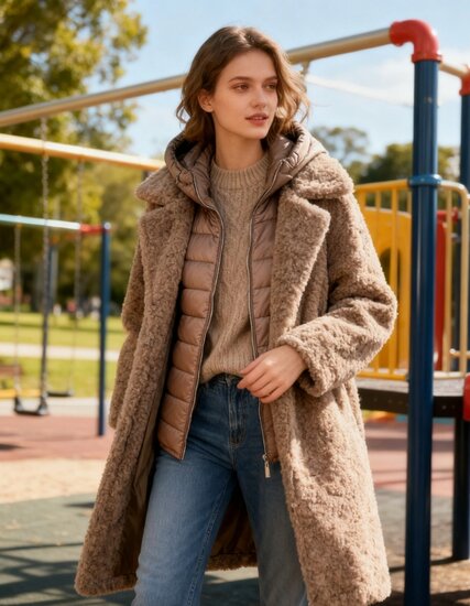 Trendy lange taupe midi teddy jas