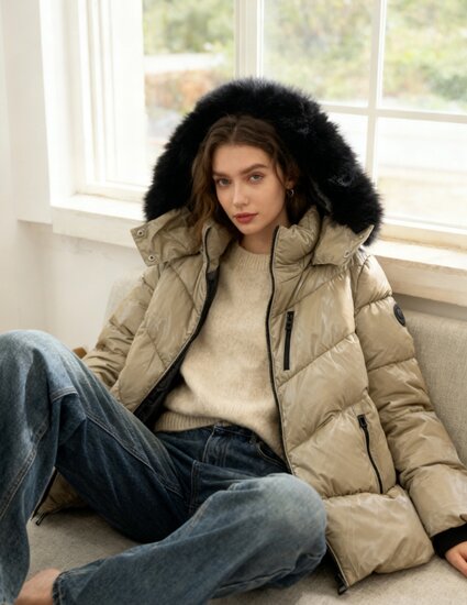 Sportieve korte taupe pufferjas met glans