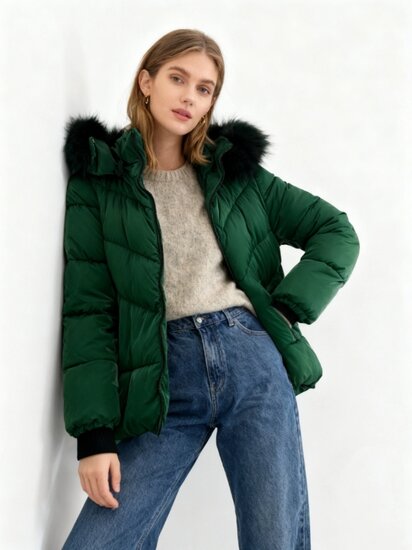 Sportieve korte donker groene pufferjas met glans