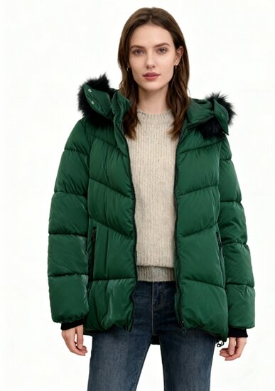 Sportieve korte donker groene pufferjas met glans