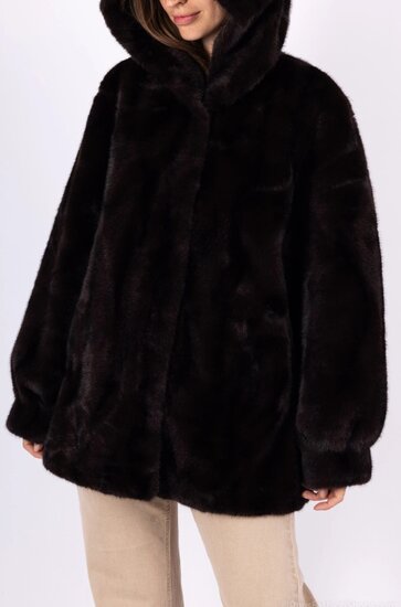 Korte donker bruine faux fur jas met mink effect
