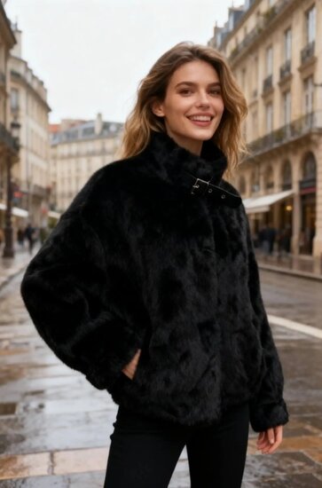 Trendy korte zwarte faux fur jas met ronde col