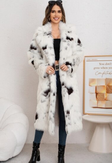 Gracieuse lange zwarte witte fake fur jas