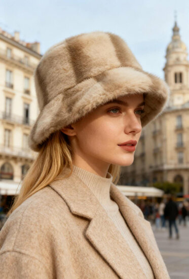 Elegante beige bob hoed in imitatiebont