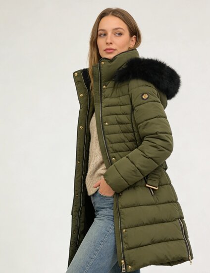 Stijlvolle kaki groene midi pufferjas