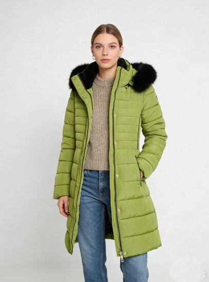 Stijlvolle olijf groene midi pufferjas