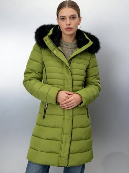 Stijlvolle olijf groene midi pufferjas