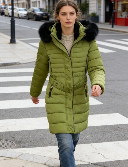 Stijlvolle olijf groene midi pufferjas