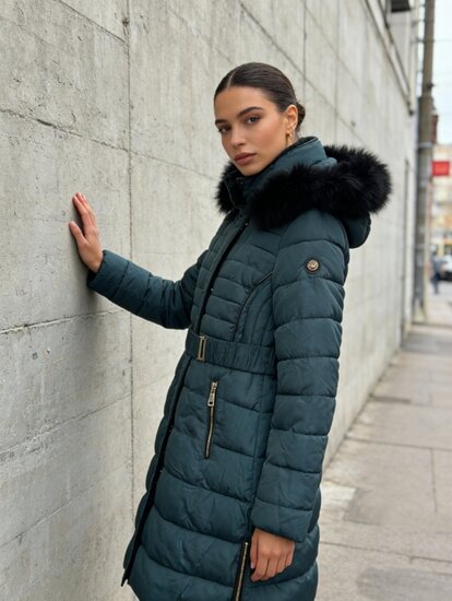 Stijlvolle teal blauwe midi pufferjas