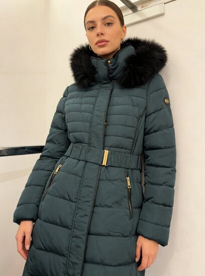 Stijlvolle teal blauwe midi pufferjas