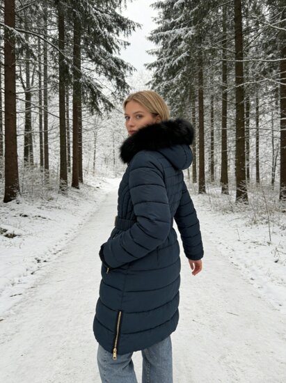 Stijlvolle donker blauwe midi pufferjas