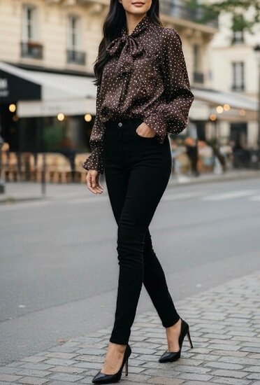 Chique bruine blouse in satijn met dots