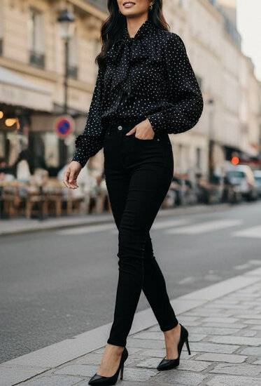 Chique zwarte blouse in satijn met dots