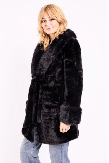 Zwarte midi luxe mantel in faux fur  