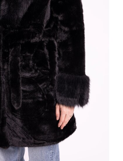 Zwarte midi luxe mantel in faux fur  
