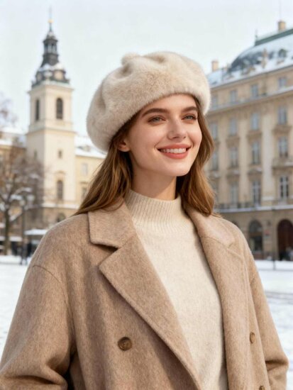Elegante beige baret in faux fur