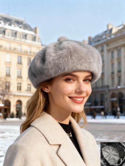 Elegante grijze baret in faux fur