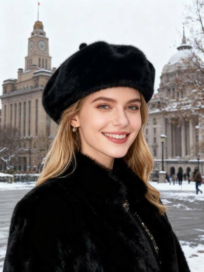 Elegante zwarte baret in faux fur