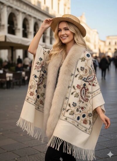 Beige wol mix poncho met flowerprint