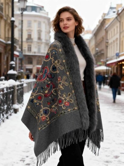 Grijze wol mix poncho met flowerprint