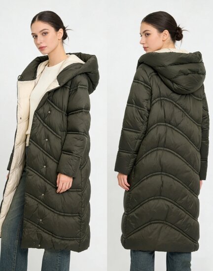 Kaki groene lange stijlvolle pufferjas