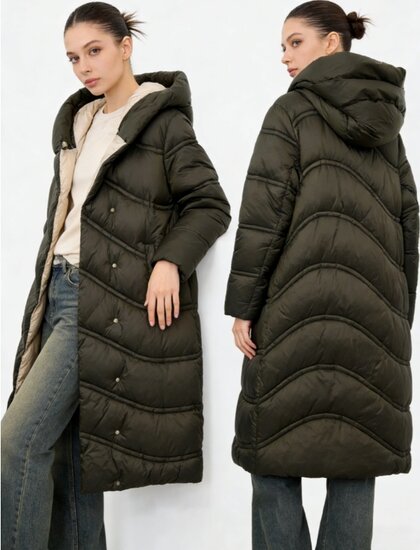 Kaki groene lange stijlvolle pufferjas