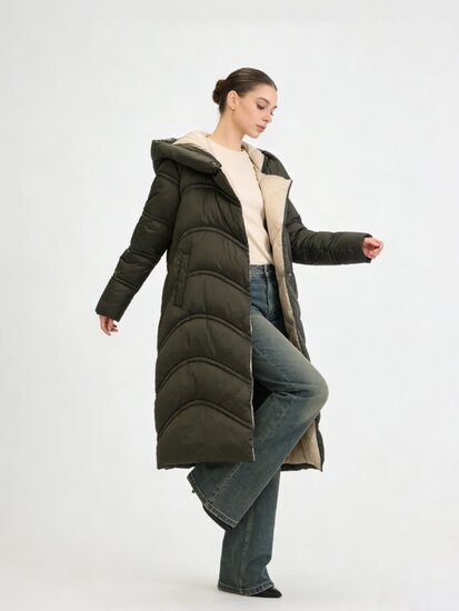 Kaki groene lange stijlvolle pufferjas