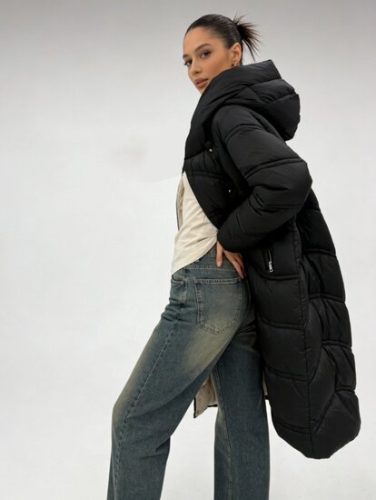Zwarte lange stijlvolle pufferjas