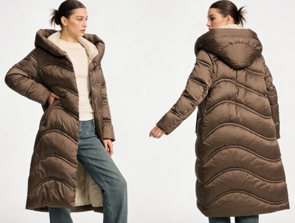 Taupe lange stijlvolle pufferjas