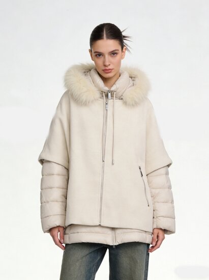 Beige korte two in one winterjas