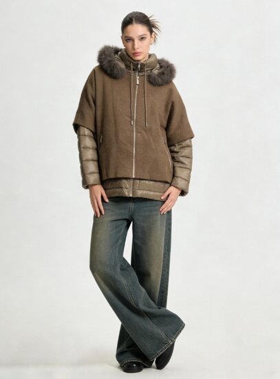 Taupe korte two in one winterjas