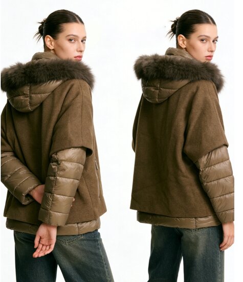 Taupe korte two in one winterjas