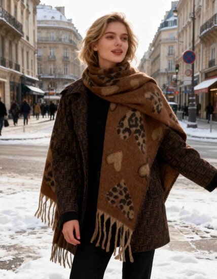 Camel winter sjaal met print in wol mix