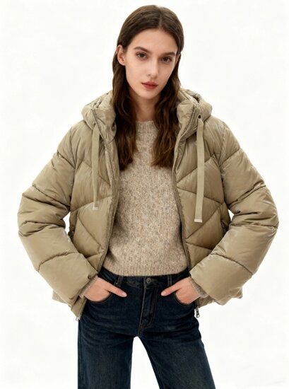 Trendy taupe korte down jacket