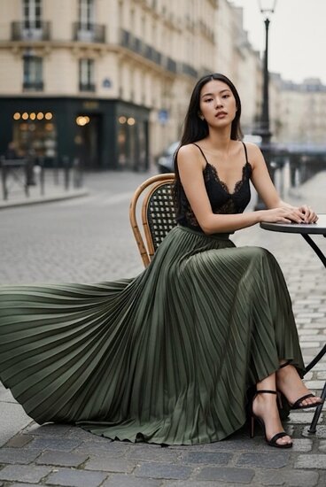 Lange kaki groene plooirok in ultrazacht satijn