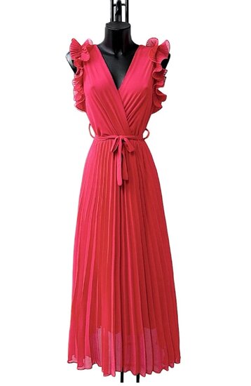 Elegante rode plisse maxi jurk. 