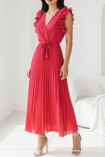 Elegante rode plisse maxi jurk. 