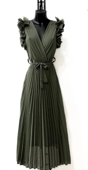 Elegante kaki groene plisse maxi jurk.