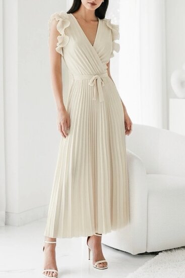 Elegante beige plisse maxi jurk.