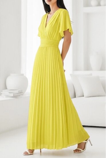 Stijlvolle gele maxi plisse jurk 