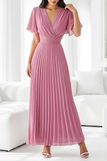 Stijlvolle zalm rose maxi plisse jurk 
