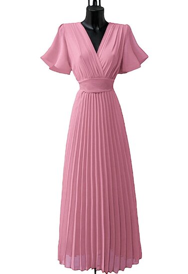 Stijlvolle zalm rose maxi plisse jurk 