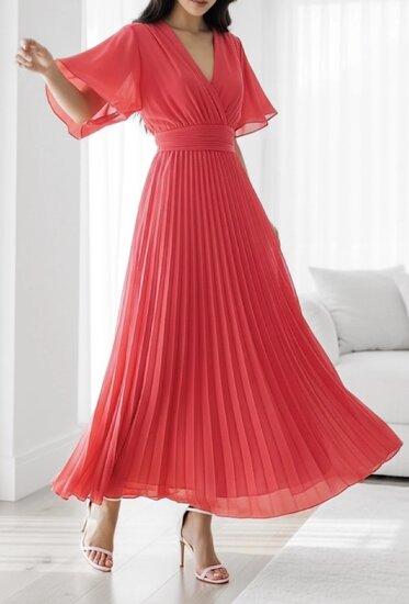 Stijlvolle raspberry rode maxi plisse jurk  TEMPORAY SOLD OUT