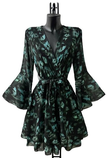 Prachtige korte zwart-groene wikkeljurk met bloemenprint   SOLD OUT