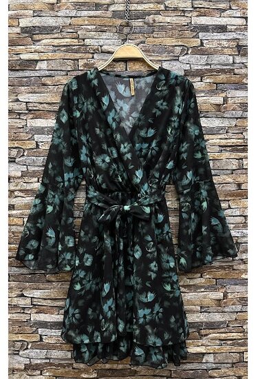 Prachtige korte zwart-groene wikkeljurk met bloemenprint   SOLD OUT
