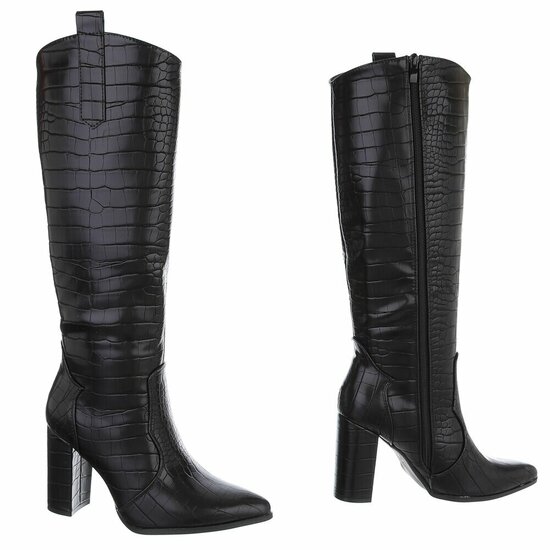 Hoge zwarte laars Dilara met croco print